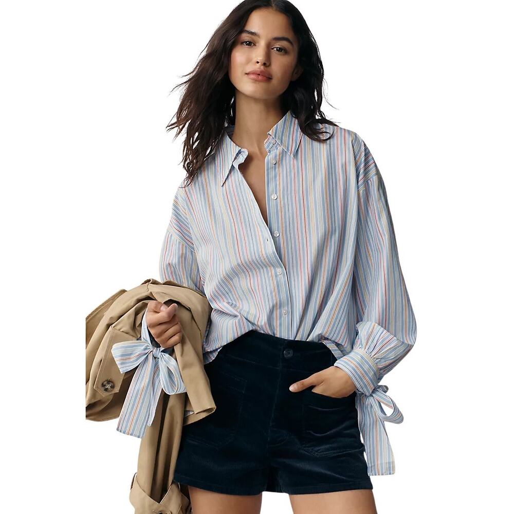 Maeve Anthropologie Multi Stripe Button Down Cotton Blend Bow-Cuff Shirt Size M